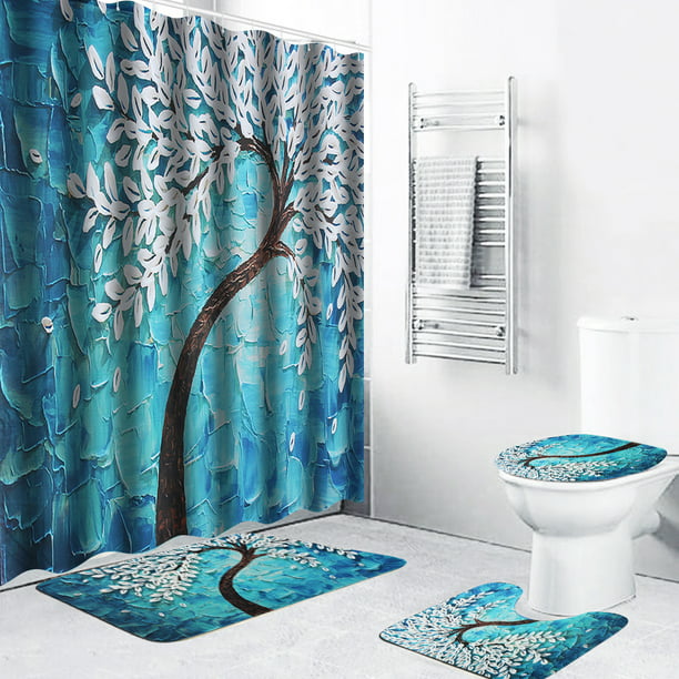 4PC Bathroom Shower Curtain Non-slip Bath Mat Pedestal Toilet Seat Cover Lid Rug 